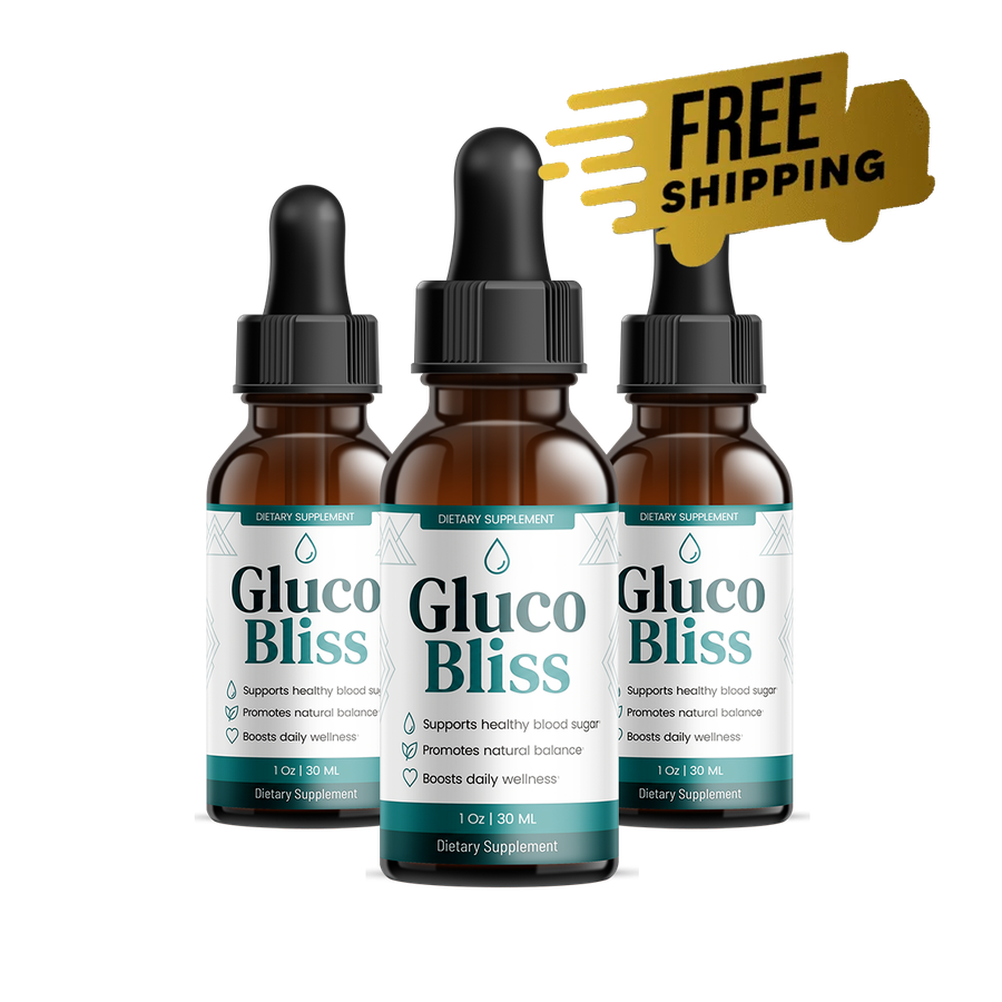 GlucoBliss official website — three bottles of GlucoBliss blood sugar support drops, 1 oz each